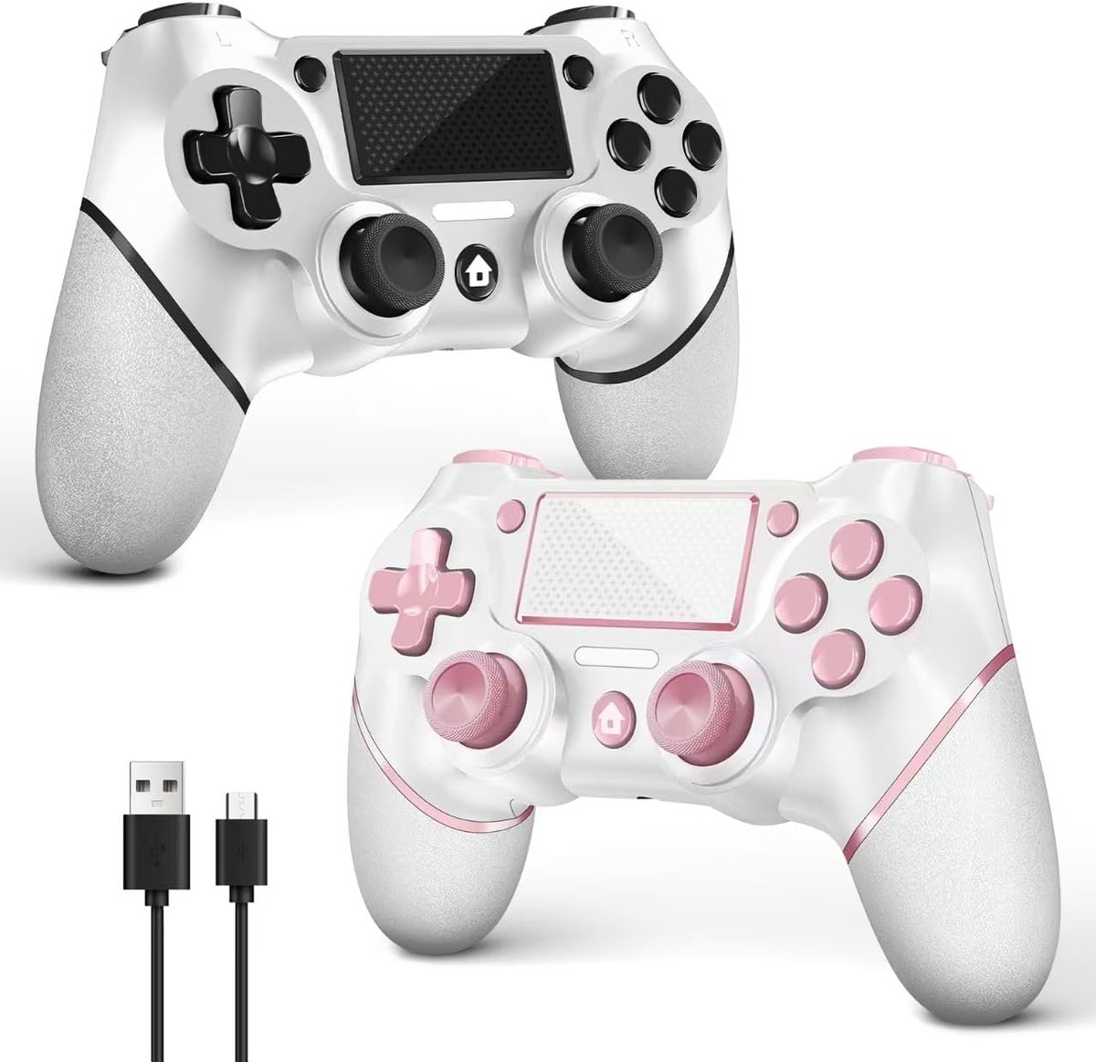 SnelShoppen - Draadloze Controllers voor PS4, Gaming Controller voor PS4/Pro/Slim/PC, Gamepad Joystick Roze en Wit met Turbo, Achterknop, Dubbele Vibr