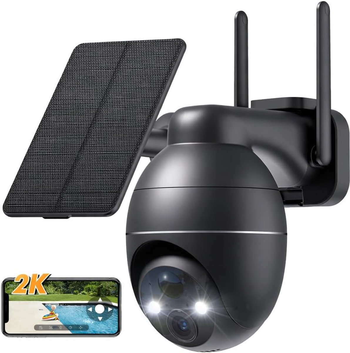 SnelShoppen - Draadloze 2K Wifi-camera voor Buiten met Zonnepaneel - 100% Draadloos, Stabiel Signaal, Voor Tuin, Beveiliging, Slimme Camera, Zwart