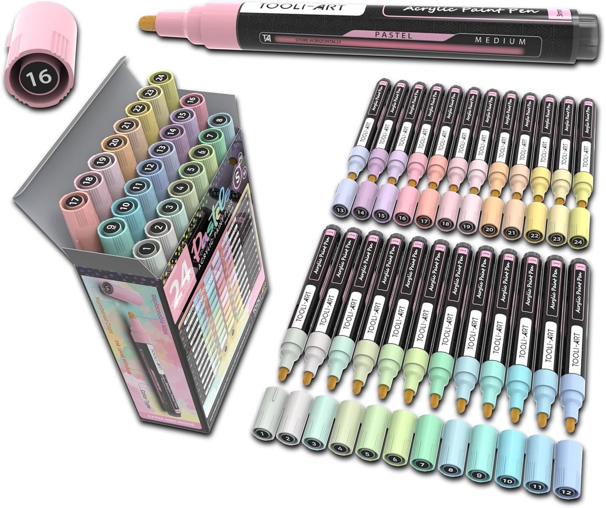SnelShoppen - 24 Stuks Acryl Marker Pens Set - Opaque Water-Based Sneldrogend voor Steen, Plastic, Canvas, Glas - Pastel Kleuren voor Creatieve Klusse