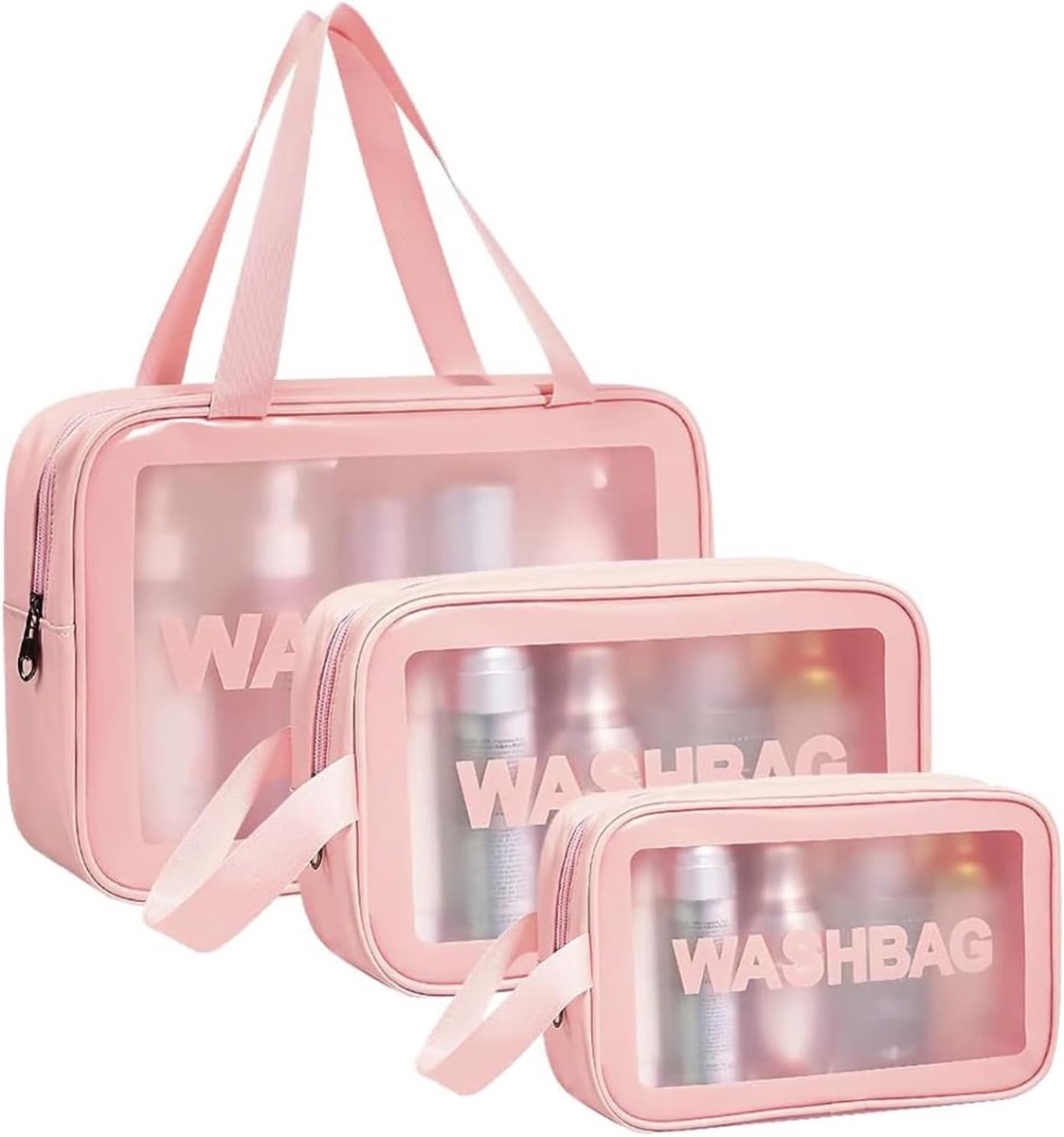 SnelShoppen - Transparante Toilettas Set van 3 - Waterdichte PVC Kosmetica Tassen - Draagbaar met Rits Handvat - Voor Reizen, Vakantie, Weekendje Weg