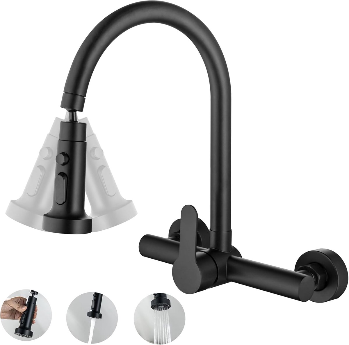 SnelShoppen - Keuken Kraan Wandmontage - Zwart - 360° Draaiende Uitloop - Waterkraan voor Keuken - RVS 304 - 2 Jet Types - Modern Ontwerp