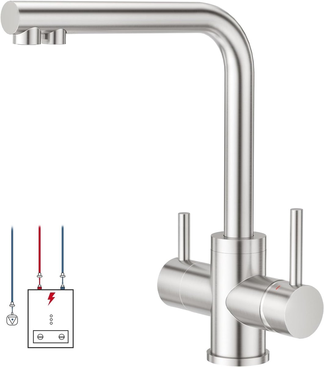 SnelShoppen - Low Pressure Keuken Kraan 3-Weg Mengkraan 360° Draaibaar Onderbouw Kraan voor Waterfilter, Drinkwaterkraan, 2 Hendels, RVS Geborsteld