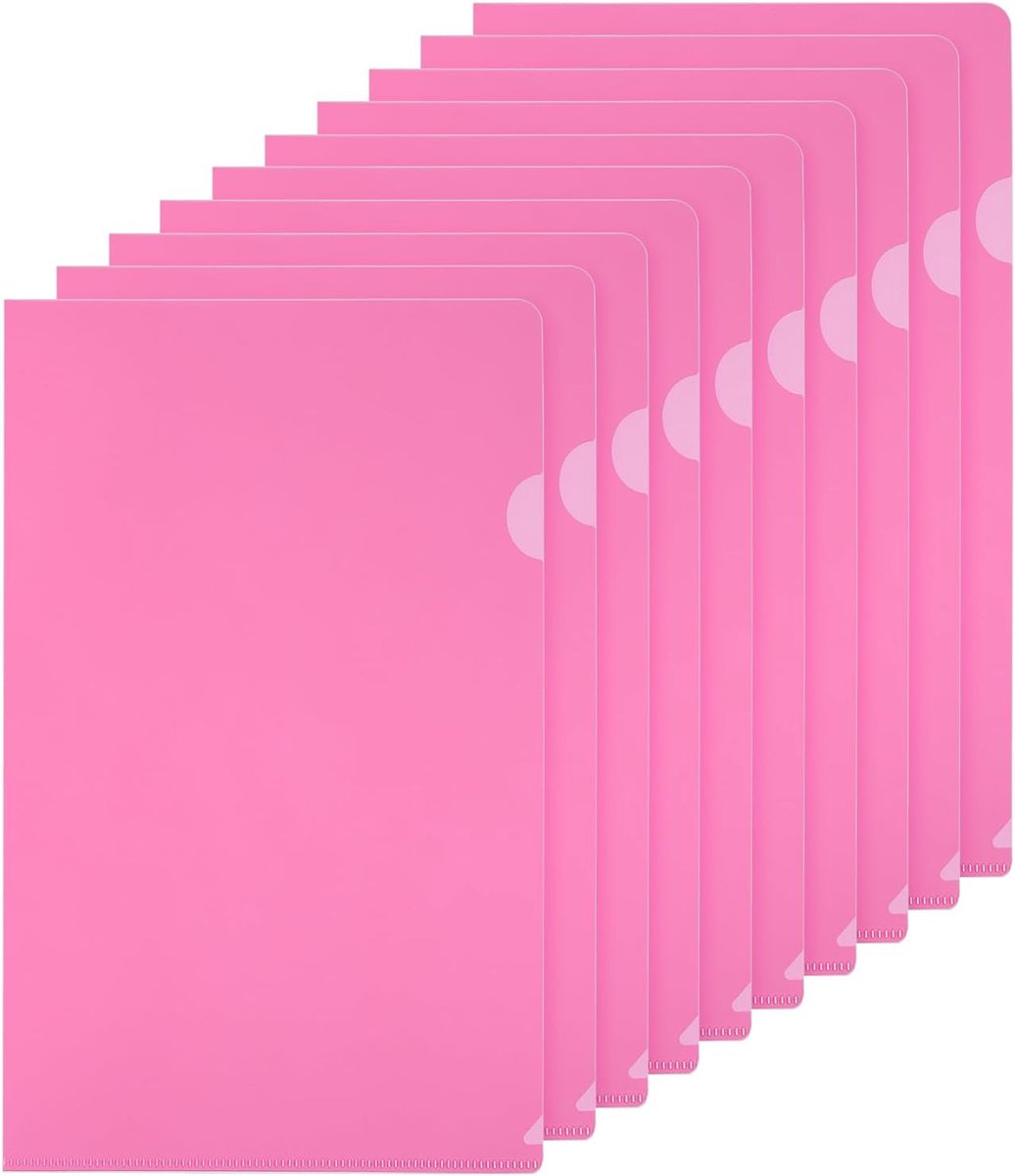 SnelShoppen - L Type Folders A4 Plastic File Project Bags 10 Pack Duidelijke Document Jassen Mappen voor Kantoor, Roze, Duurzaam en Herbruikbaar