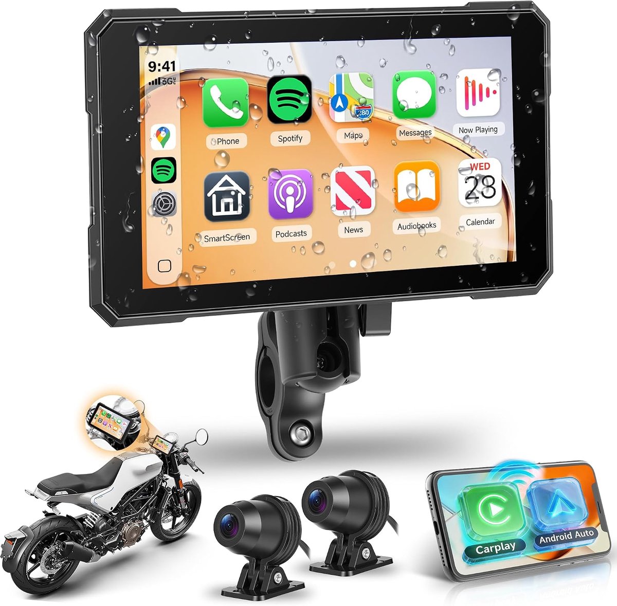 SnelShoppen - 5-inch CarPlay Motorfiets Display met Dashcam, IP68 Waterdicht, Bluetooth, GPS Navigatie en Bandenspanning Monitoring
