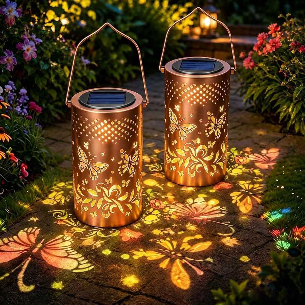 SnelShoppen - Kleurrijke tuinlantaarn op zonne-energie, waterdicht IP65, retro vlinder en zonnebloem design voor terras, balkon, gazon en buitengebrui