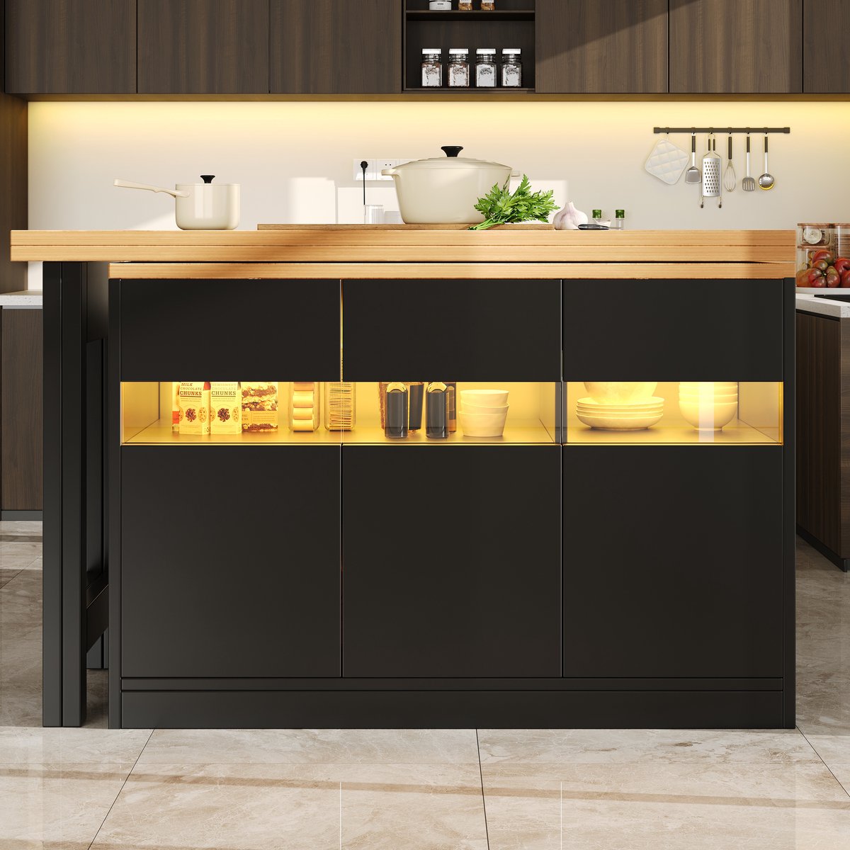 Wishdor - Bartafel - Uitschuifbaar met LED-verlichting en 360° draaifunctie - opbergruimte - modern - keuken en eetkamer - houtlook - zwart/naturel - 120-180 x 40 x 71,5 cm