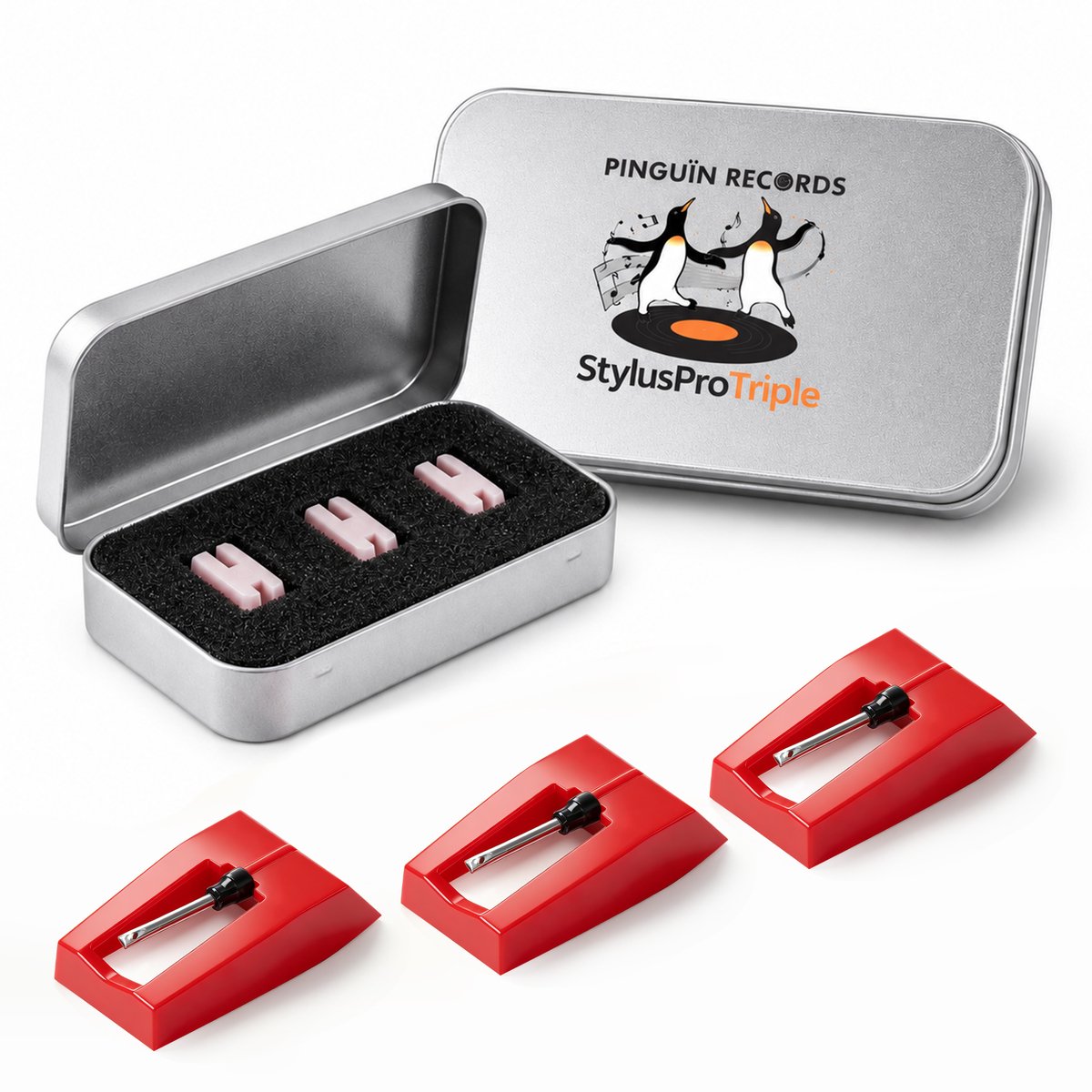 Pinguïn Records - Platenspeler Naald - Universele Vervangnaalden - Stylus voor Vinyl Platenspeler - StylusPro Triple - Set van 3 - Inclusief Opbergdoos