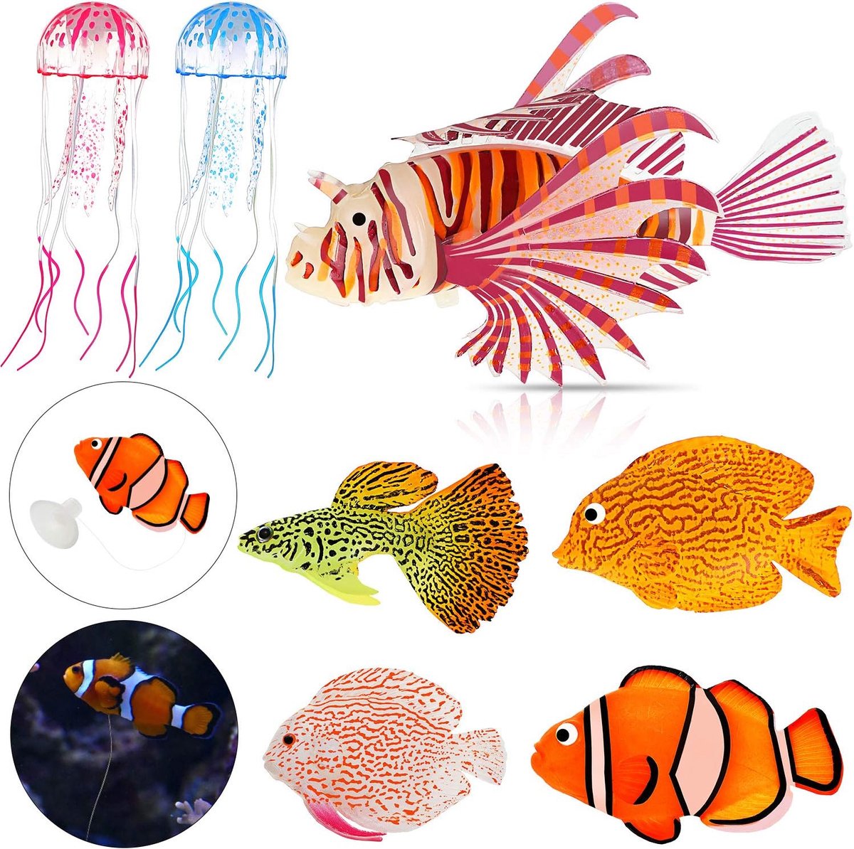 SnelShoppen - 7 Stuks Kunstmatige Glanzende Vissen - 5 Stijlen Kleurrijke Nep Vissen - Gloweffect Aquarium Decoratie - Drijvende Ornamenten Simulatie