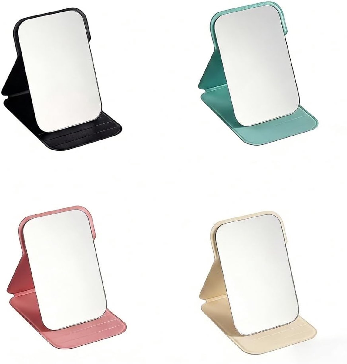 SnelShoppen - Travel Mirror Set van 4 Stuks - Kleine Pocket Spiegel voor Make-up - Vouwspiegel voor Vrouwen - Handspiegel in Wit, Roze, Zwart en Groen