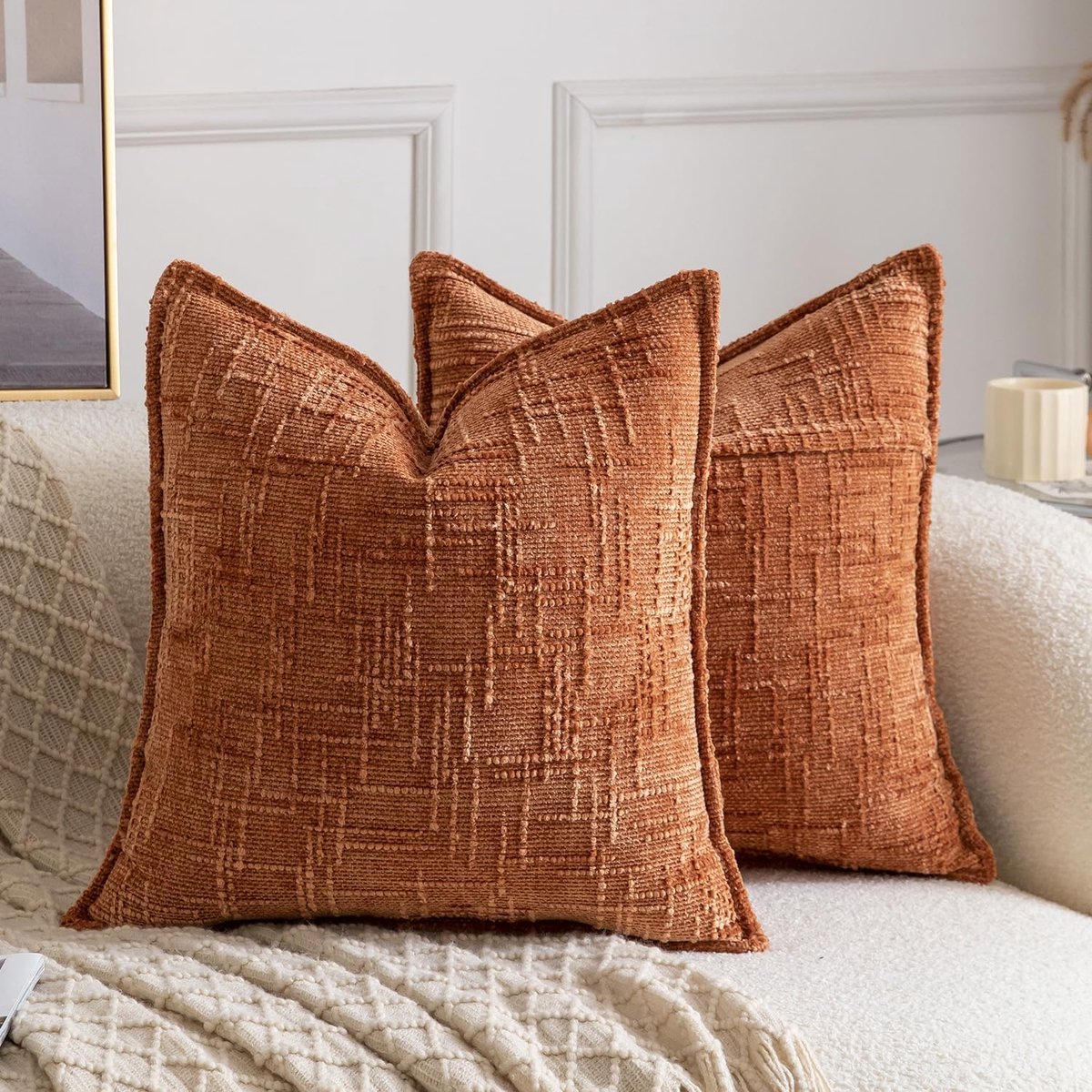 SnelShoppen - Set van 2 Chenille Kussenslopen 45x45cm - Zachte Neutrale Decoratieve Kussens voor Bank en Slaapkamer - Boho Accent Kussencovers in Rust