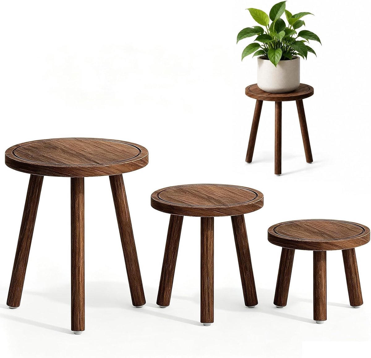 SnelShoppen - Set van 3 houten plantenkrukken - rustieke bloemenstandaard in 3 maten - decoratieve bijzettafels voor kamerplanten - donkerbruin - perf