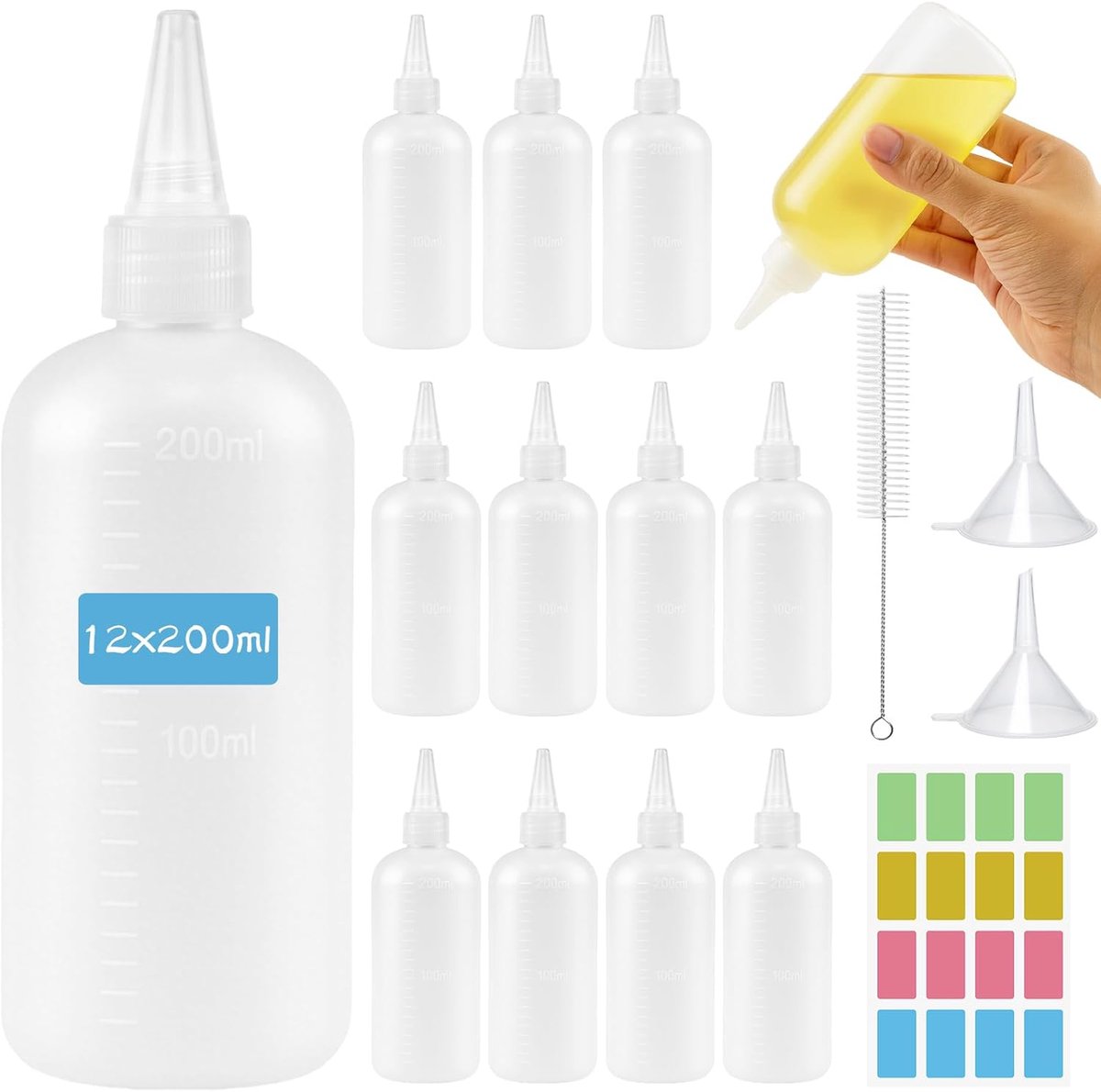 SnelShoppen - 12Pcs Squeeze Bottles 200ml - Herbruikbare Plastic Sauce Bottels - Kleine Doseerflessen voor Keuken, Olie, Sauzen, Pigment - Inclusief S