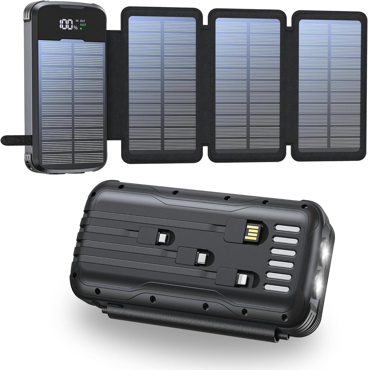SnelShoppen - Solar Power Bank 20.000 mAh Draagbare Oplader met 4 Vouwbare Zonnepanelen, 4 Geïntegreerde Kabels, Externe Batterij met 2 LED Zaklampen