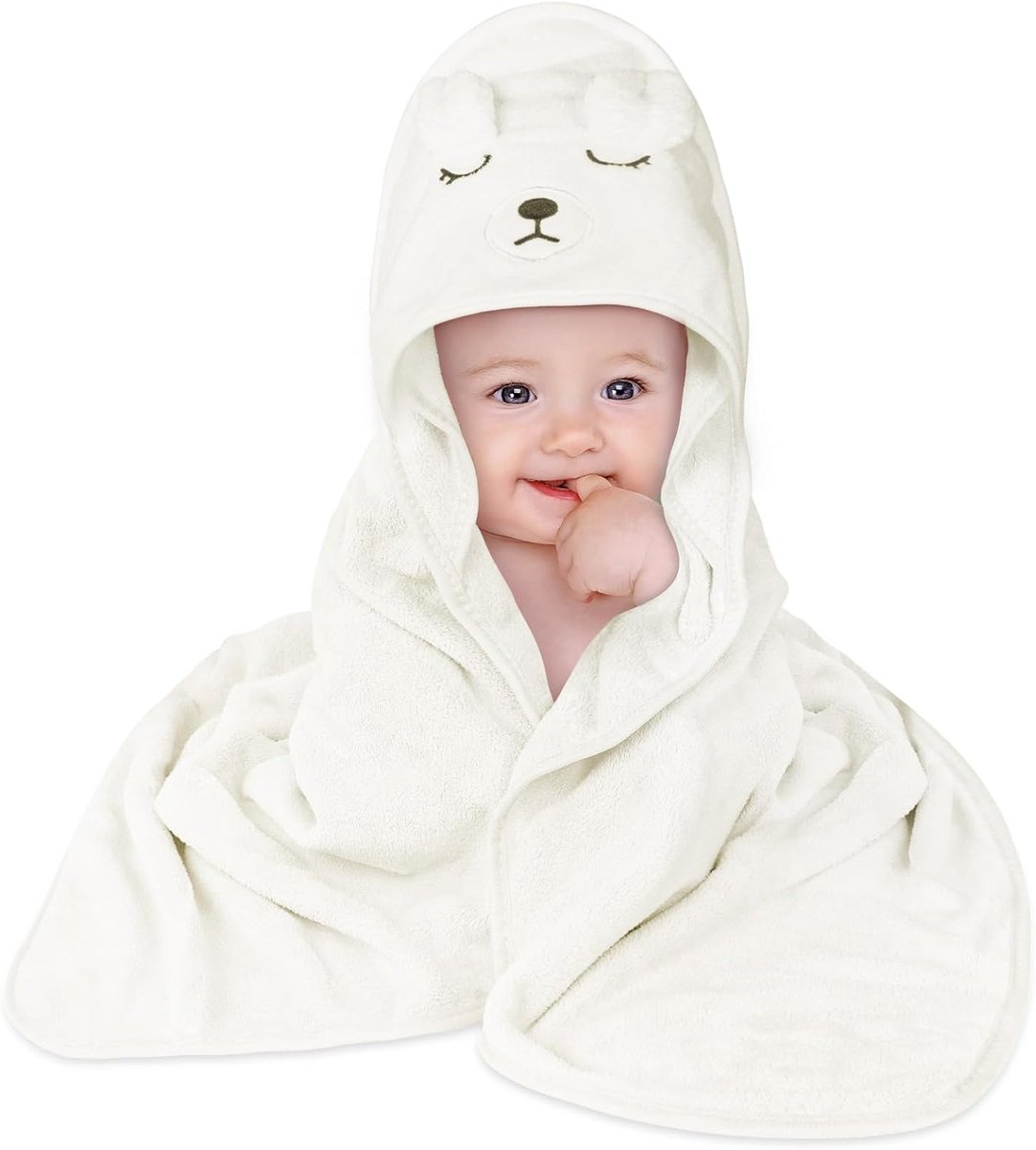 SnelShoppen - Baby Handdoek met Kap 80x80 cm, Super Absorberend en Zacht Coral Fleece, Unisex Baby Badcape in Wit Beer, Perfect Kraamcadeau