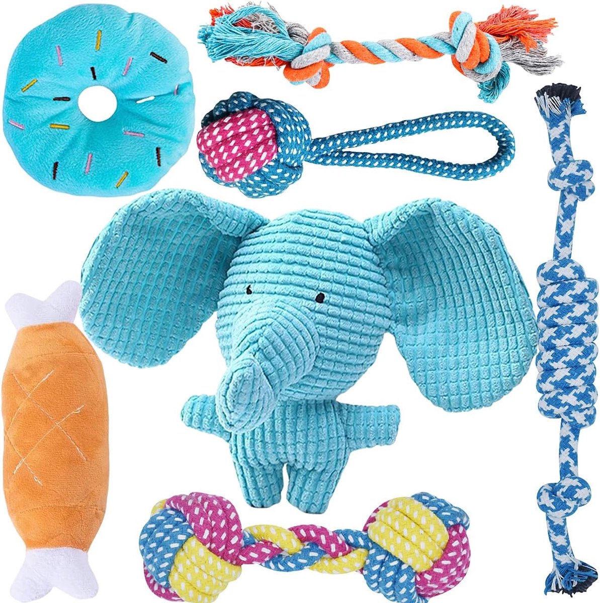 SnelShoppen – 7-Delige Honden Speelgoed Set voor Kleine en Middelgrote Honden, Pluche Squeaky Speelgoed, Kauwspeelgoed, Touw Speelgoed Set in Diverse