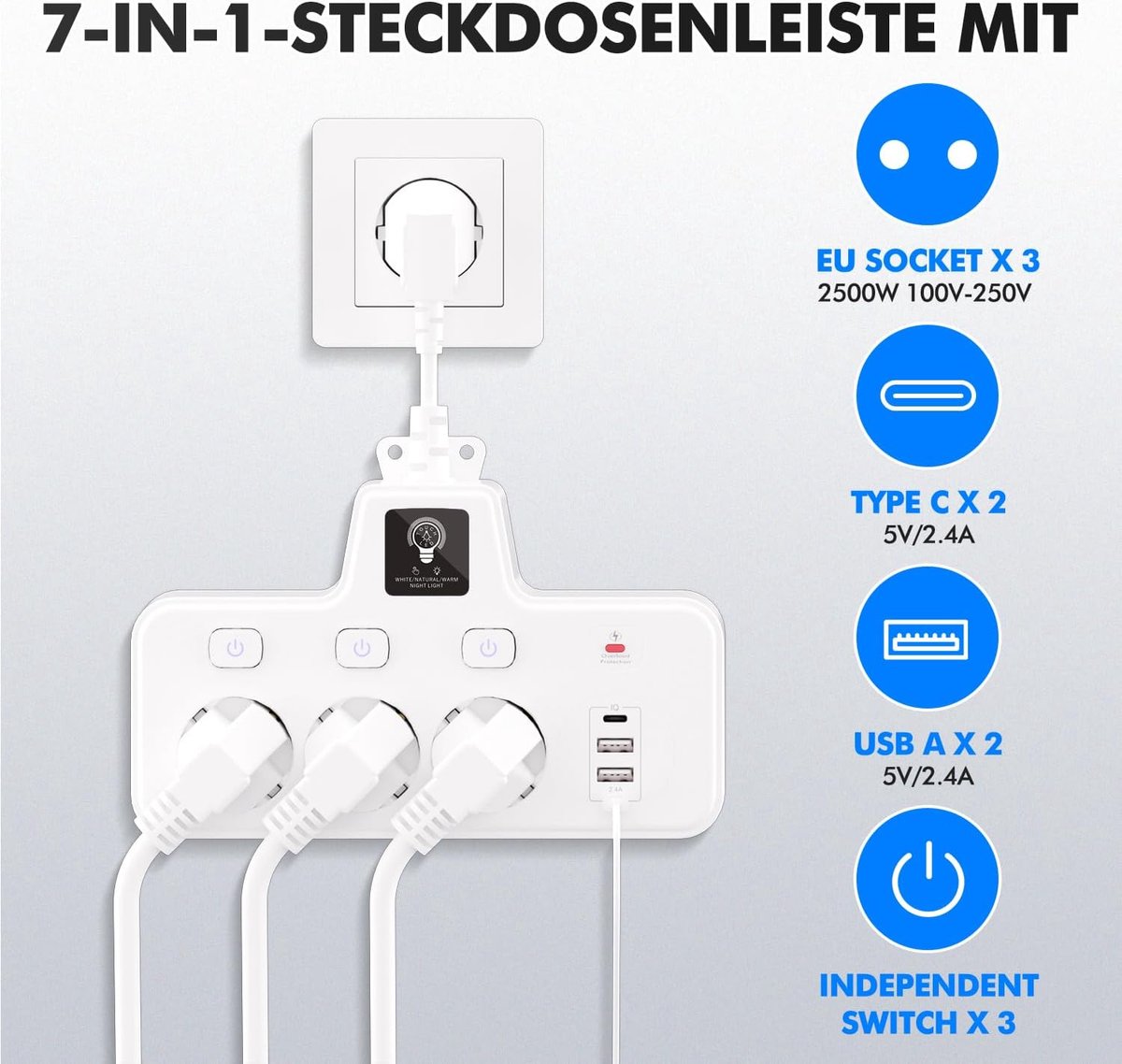 SnelShoppen - Stekkeradapter met Touch-Nachtlampje, 3 Sleuven, 2 Type C + 2 USB-poorten, EU-Stekerdoos, Enkelvoudig Schakelbaar, Overschrijdingsbeveil