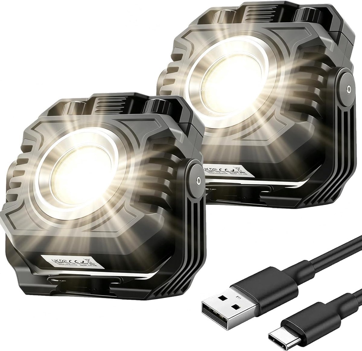 SnelShoppen - 2 Stuks Draagbare Oplaadbare LED Werklamp Bouwlamp met Vloedlicht, Puntlicht en Rood Noodlicht, 4400mAh Powerbank, 360° Magnetisch, IP65