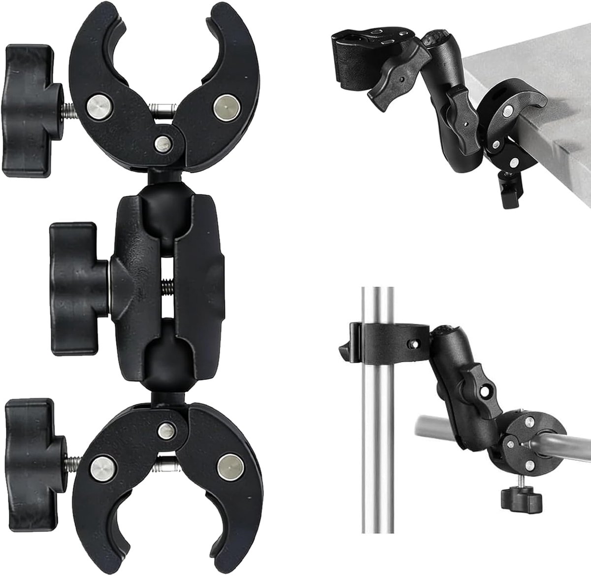 SnelShoppen - Cameraplu Double Clamp Mount met 360° Rotating Ball Head, Magic Arm, Verstelbare Klem voor Motorfiets, Fiets, Handvat, Camera Bar, Refle