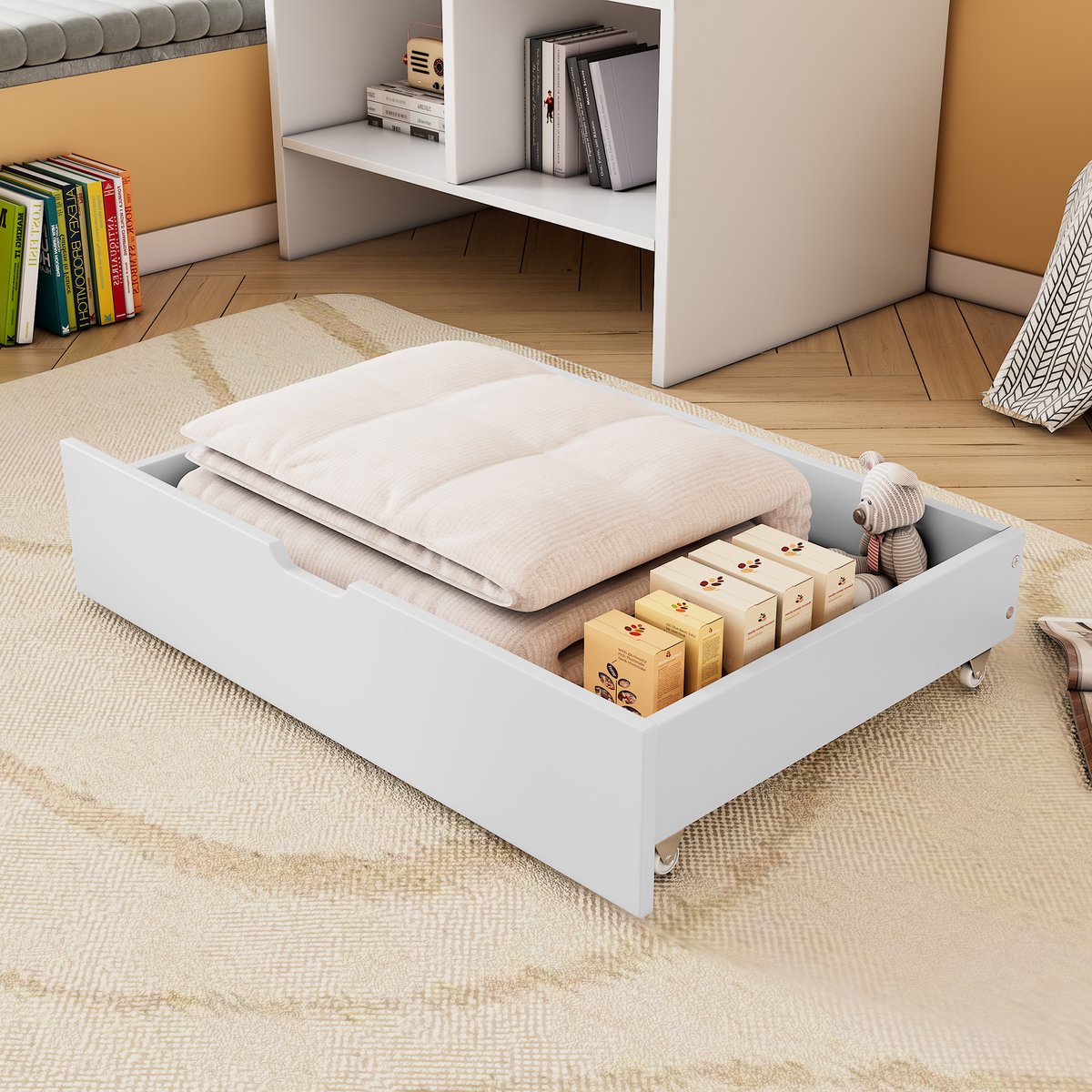 FloraGrace Bedlade – 2 Laden Met Wielen – 93 x 67 x 20 cm – Vezelplaat – Wit – Opbergruimte Onder Bed – Eenvoudige Montage