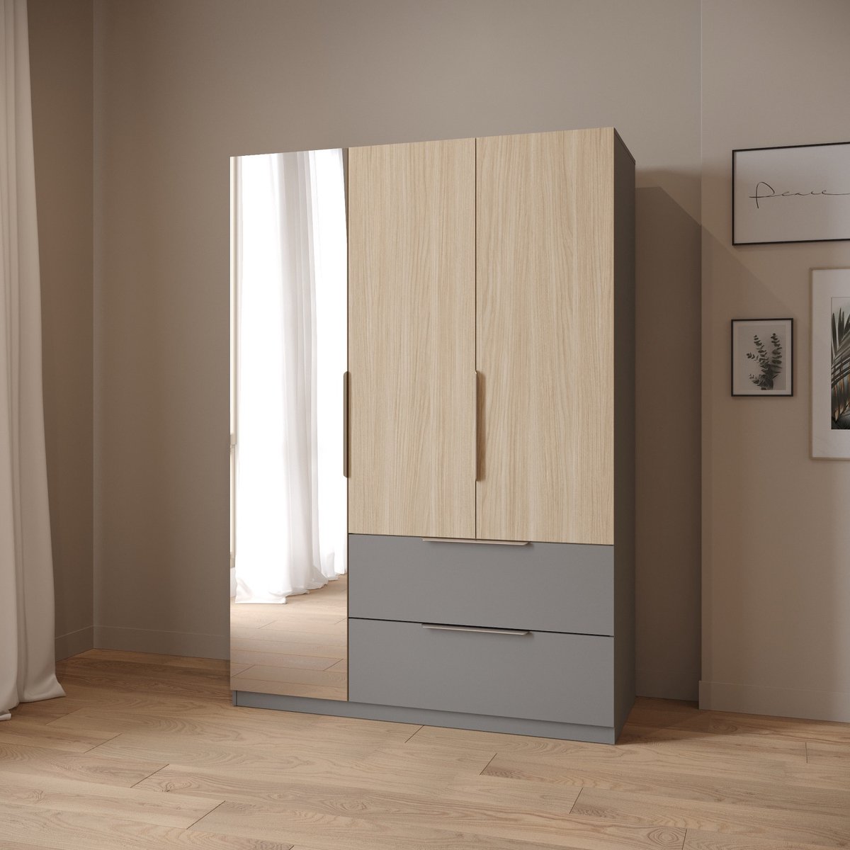 CBA MERYL kledingkast - 3 deuren - 1 spiegeldeur - 2 laden - Kledingroede - 4 legplanken - Grijs & lichte eik - 134 x 52 x 193 cm