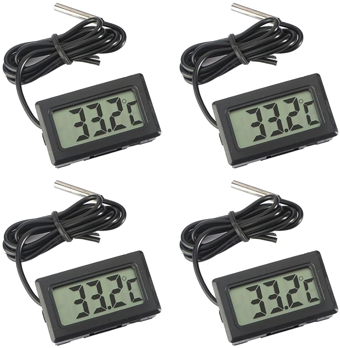 SnelShoppen - Digitale LCD-thermometer met externe sonde voor koelkast, vriezer, aquarium - Temperatuurbewaking - Zwart - 4 stuks