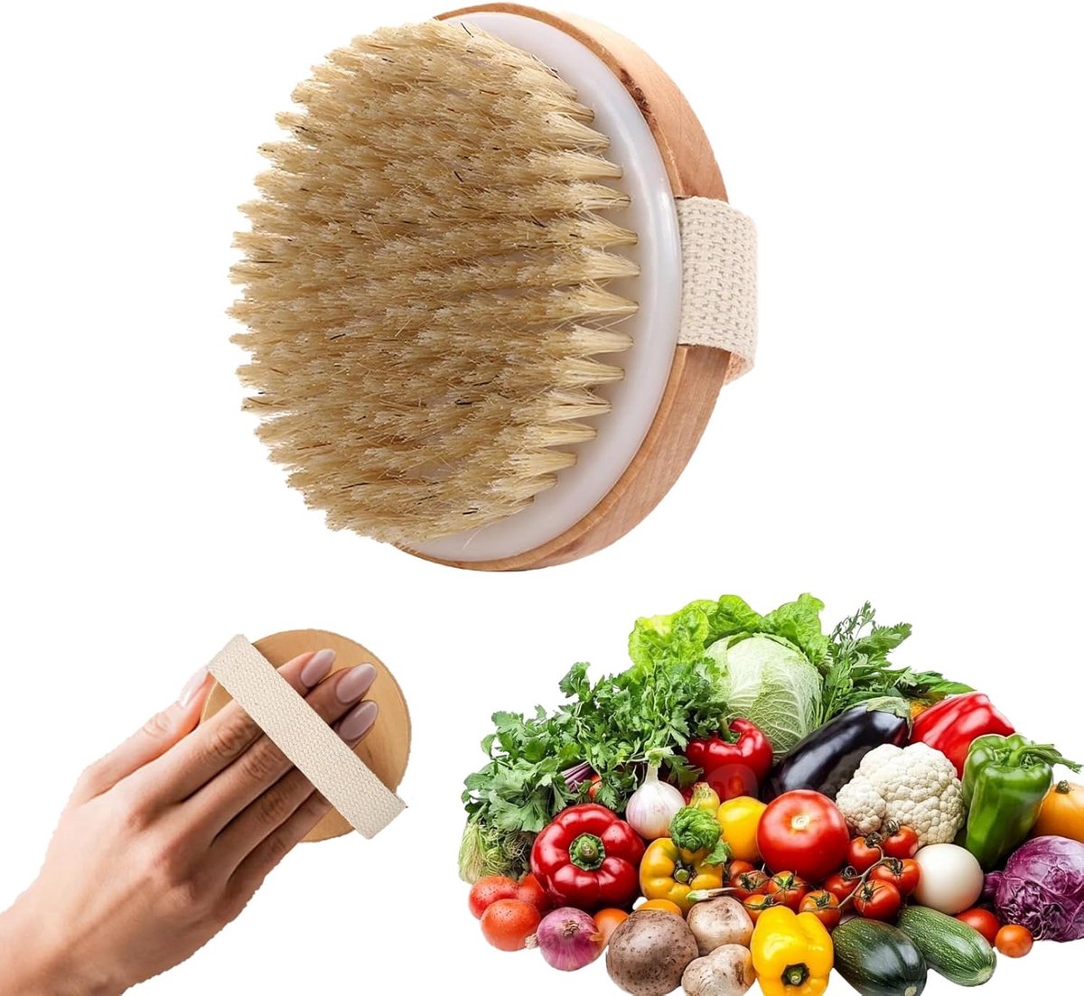 Thijox - Natuurlijke Ronde Groenteborstel 10,5 x 10,5 cm - Houten Fruitreinigingsborstel - Afwasborstel voor Wortelen, Aardappelen, Groenten en Fruit