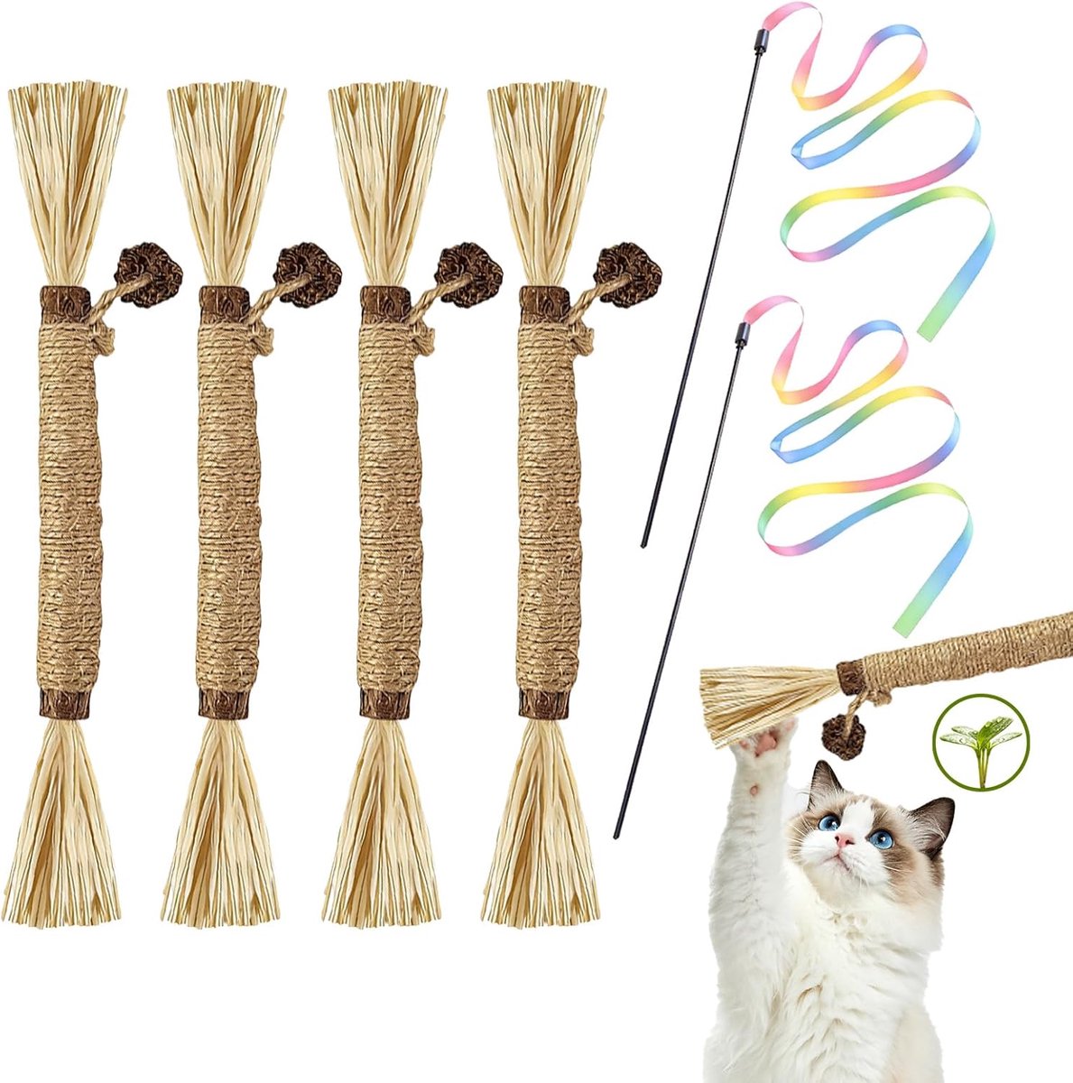Thijox - 4 Stuks Kattenkruid Stokjes & 2 Katten Toverstokjes - Matatabi Kauwspeeltjes voor Katten - Speelgoed voor Gebitsverzorging & Frisse Adem - Id