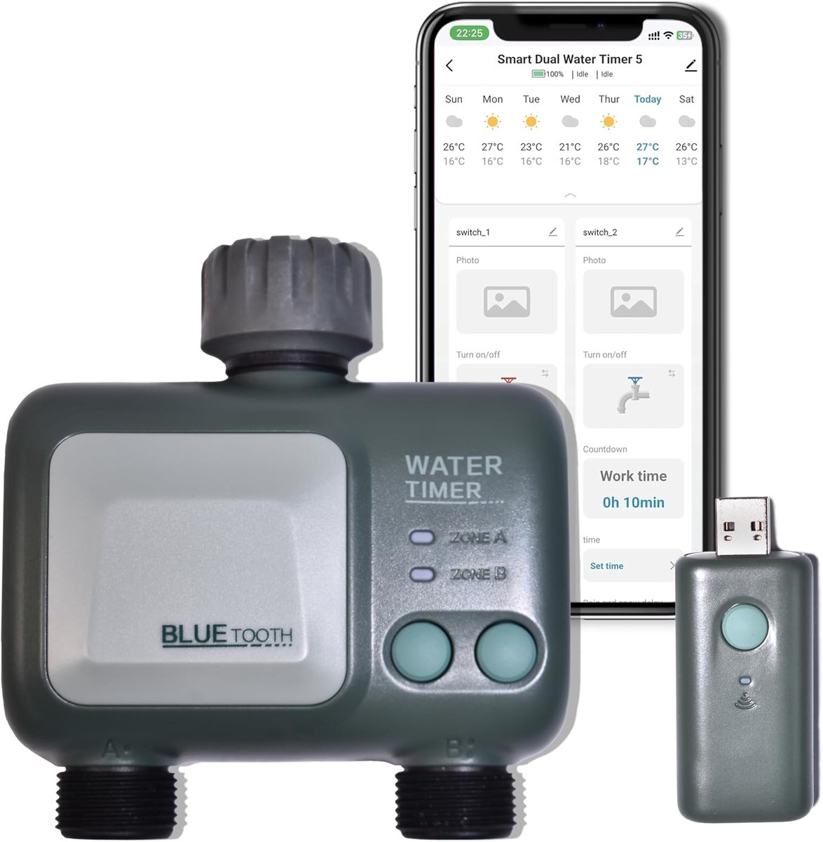 SnelShoppen - Tuinirrigatiecomputer met Wifi-Hub, 2 Uitgangen, Waterdicht IPX5, Automatische Watertimer voor Tuin en Gazon, Slimme Irrigatieoplossing