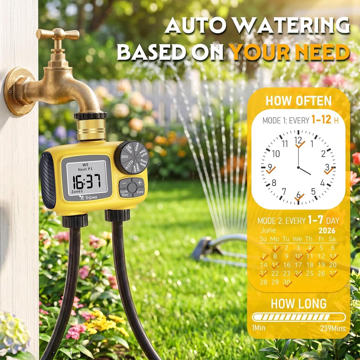 SnelShoppen - Automatische irrigatietimer met 2 uitgangen, waterdicht digitaal irrigatiesysteem voor tuin, IP55, irrigatieslang met messing inlaat, au