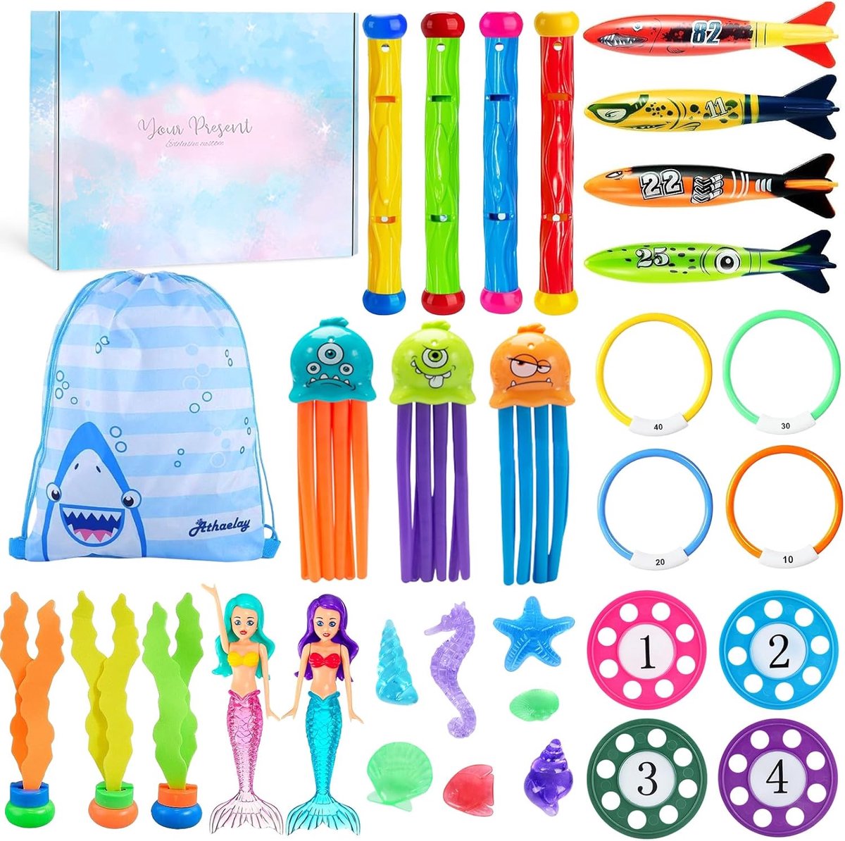 SnelShoppen - 33 Stuks Duikspeelgoed voor Kinderen in Luxe Geschenkdoos - Onderwaterzwembad Speelgoed - Perfect voor Zomerplezier en Zwemfeestjes