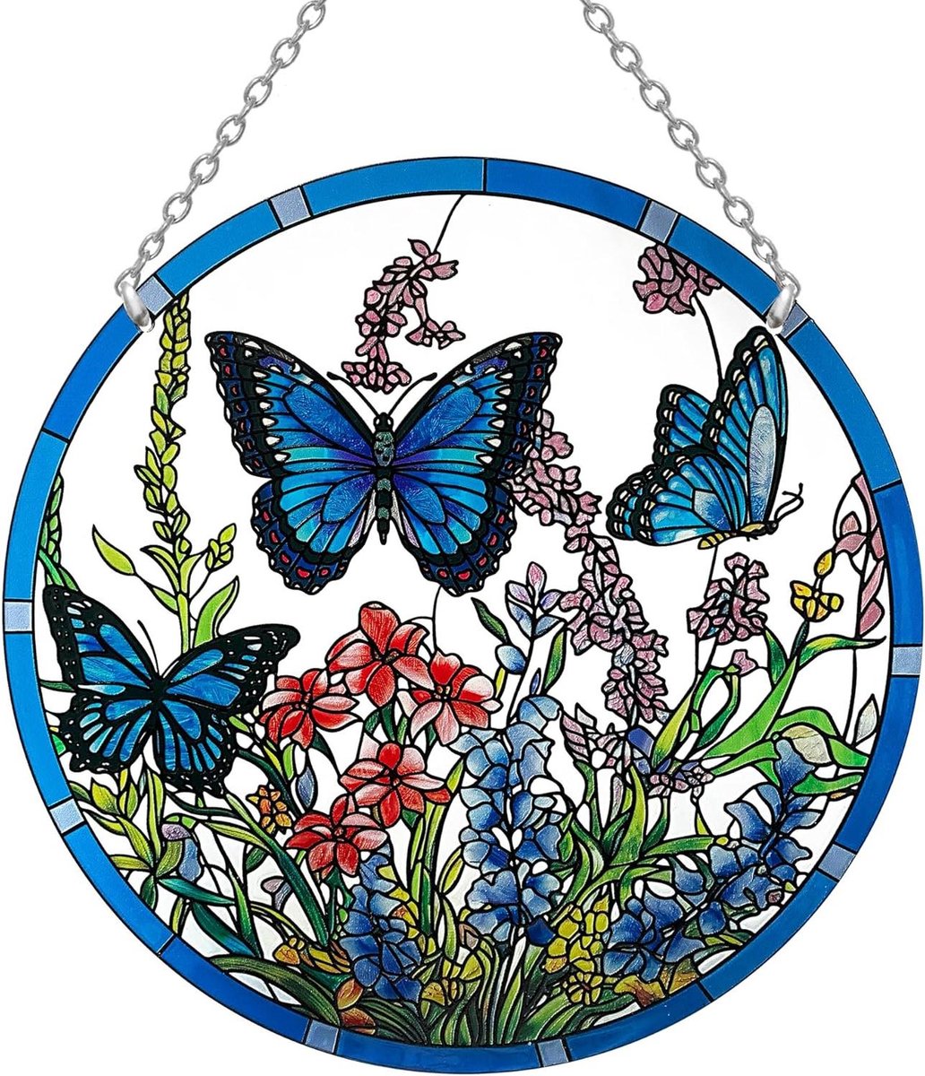 Glazen Vlinder Decoratie - Raamhangers - Tuin Decoreren - Handgemaakt Glas - 22 inch - Blauw