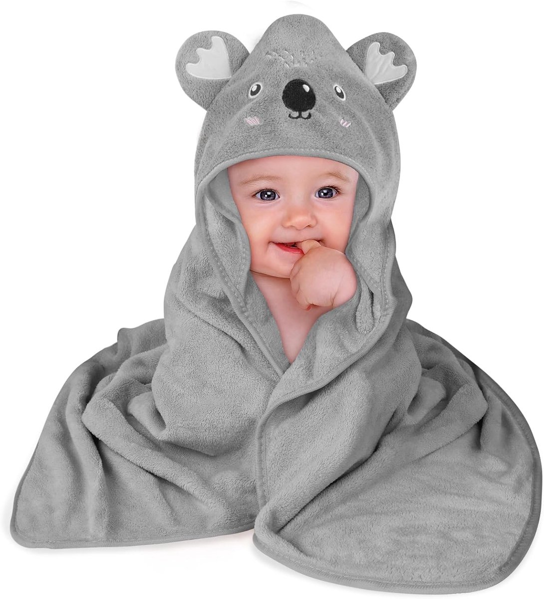 SnelShoppen - Kapuzenhanddoek Baby 80x80 cm, Zachte Badhanddoek met Capuchon, Koraalvilt, Absorberend, Schattige Dierenvorm, Grijs, Perfect voor Pasge