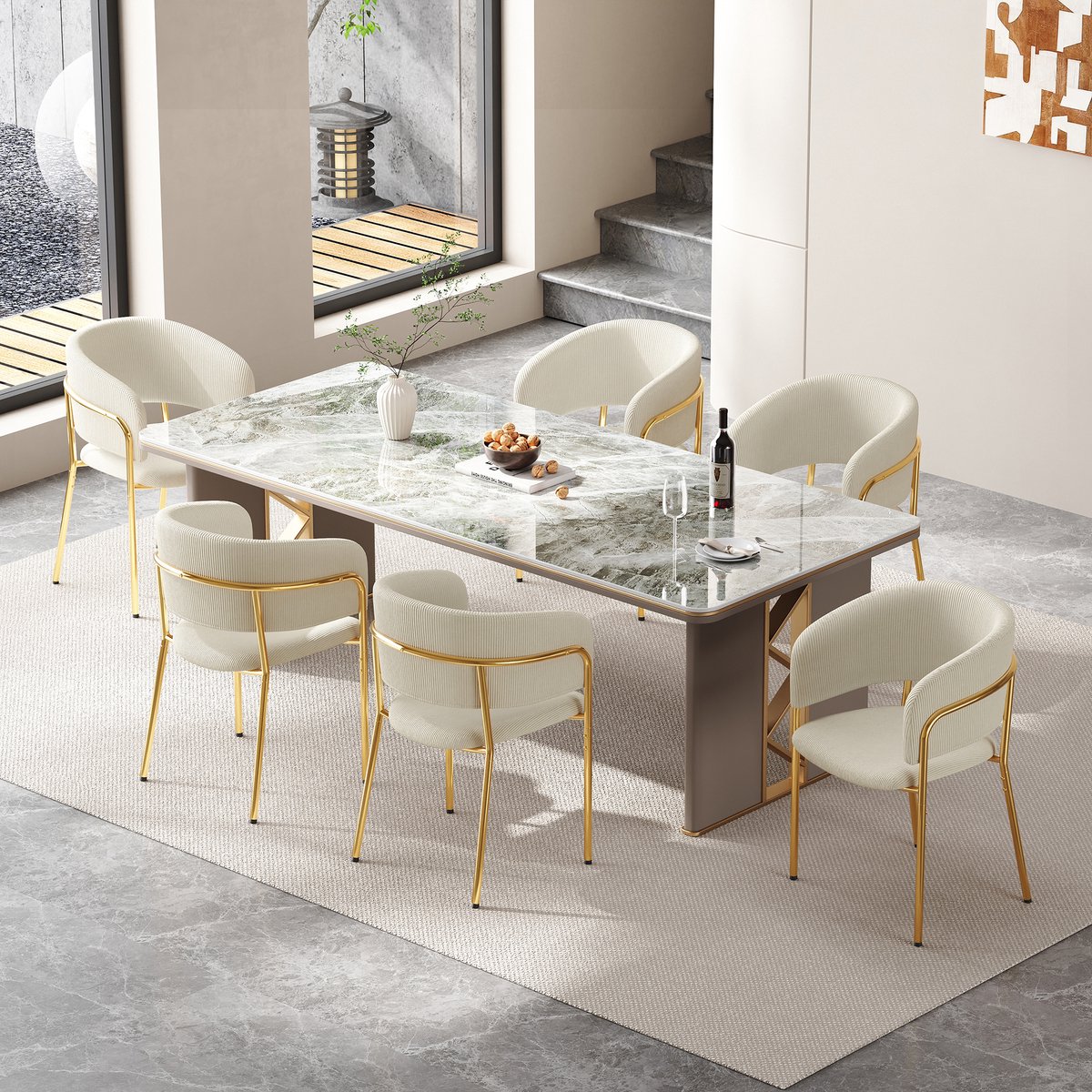 COVREO Eetkamerstoel set van 6 80 x 54,9 cm - beige ribstof, armleuning, verstelbare voetjes