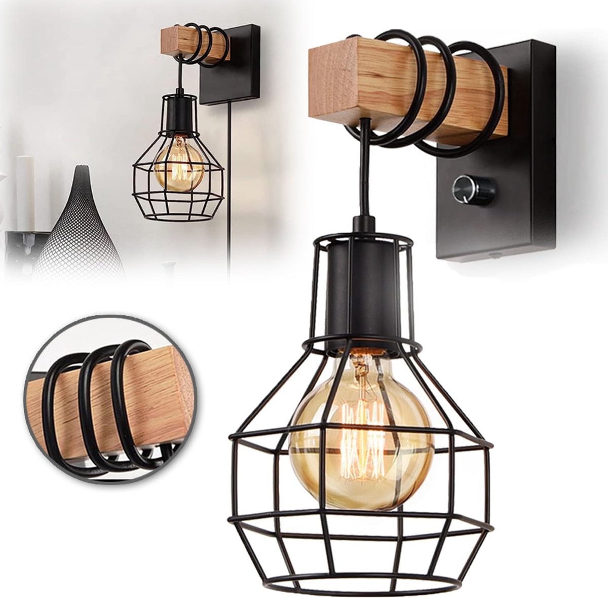 Wandkandelaar Van Hout En Ijzer Met Dimmer Schakelaar - E27-Basis Lamp Inbegrepen Traploze Helderheid - Natuurlijk Ontwerp Voor Hal Keuken En Kantoor