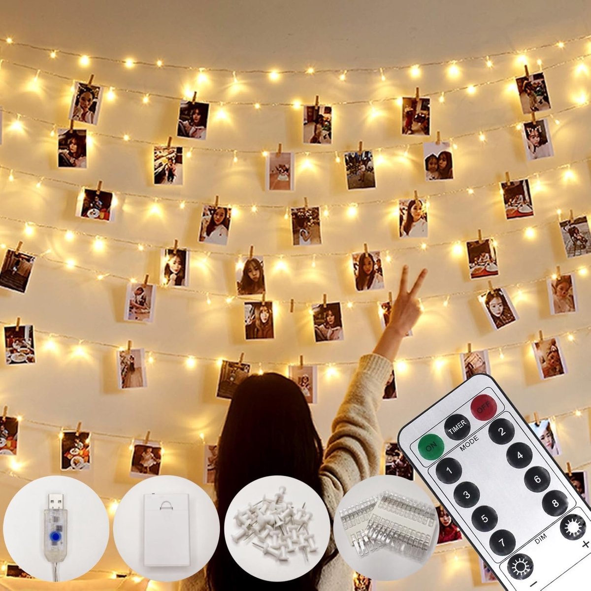 Thijox - Microwear Foto Clip Lichtslinger 100 LED 10M Koperdraad met Afstandsbediening, USB/Batterij Aangedreven Decoratie voor Slaapkamer Bruiloft Fe