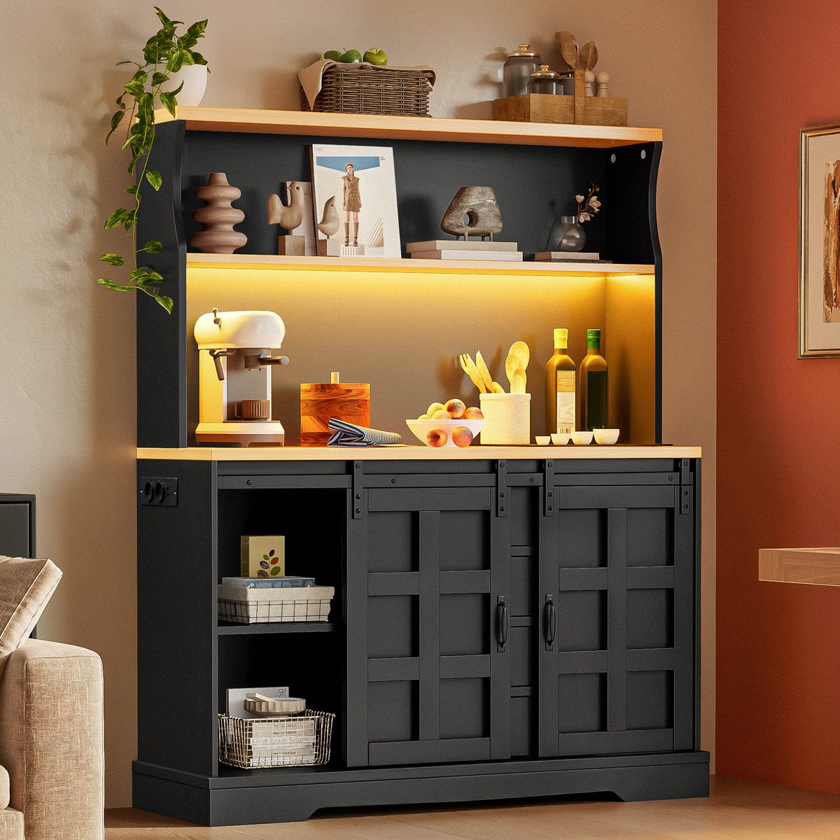 PHOEBE CAT Dressoir - Keukenkast - LED-verlichting - Met oplaadstopcontact - 4 lades - Schuifdeuren - Zwart + Naturel