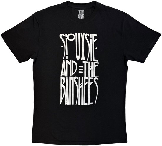 T-shirt noir avec le texte "Siouxsie and the Banshees" en lettres blanches déformées.