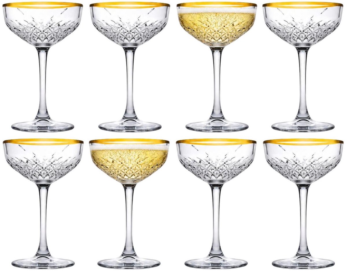 Pasabahce Champagneglazen Timeless - goud - 8x - 250 ml - kristalglas - coupe glazen
