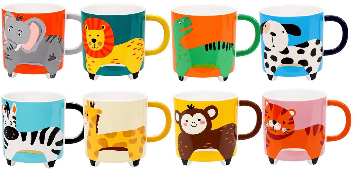 Bellatio Design Kinder mokken Jungle - set 8x - drinkbekers / melkbekers - 330 ml - dierenprint