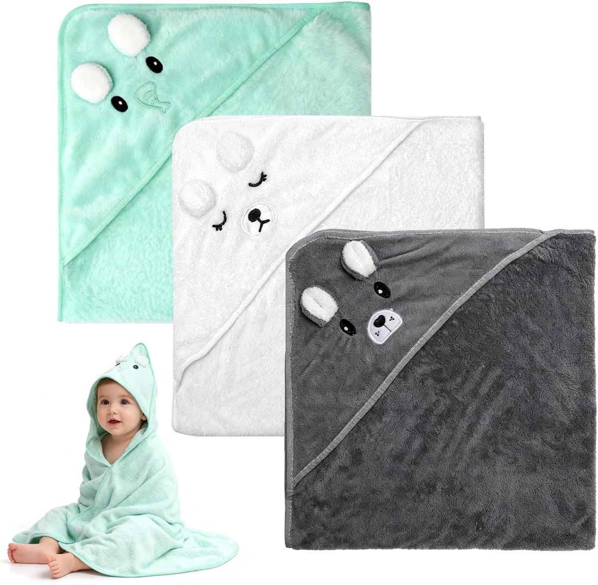 SnelShoppen - 3 Stuks Baby Handdoek met Kap 80x80cm, Zachte Badhanddoeken voor Baby's, Perfect voor Gevoelige Huid, Ideaal voor Bad en Douche, Schatti