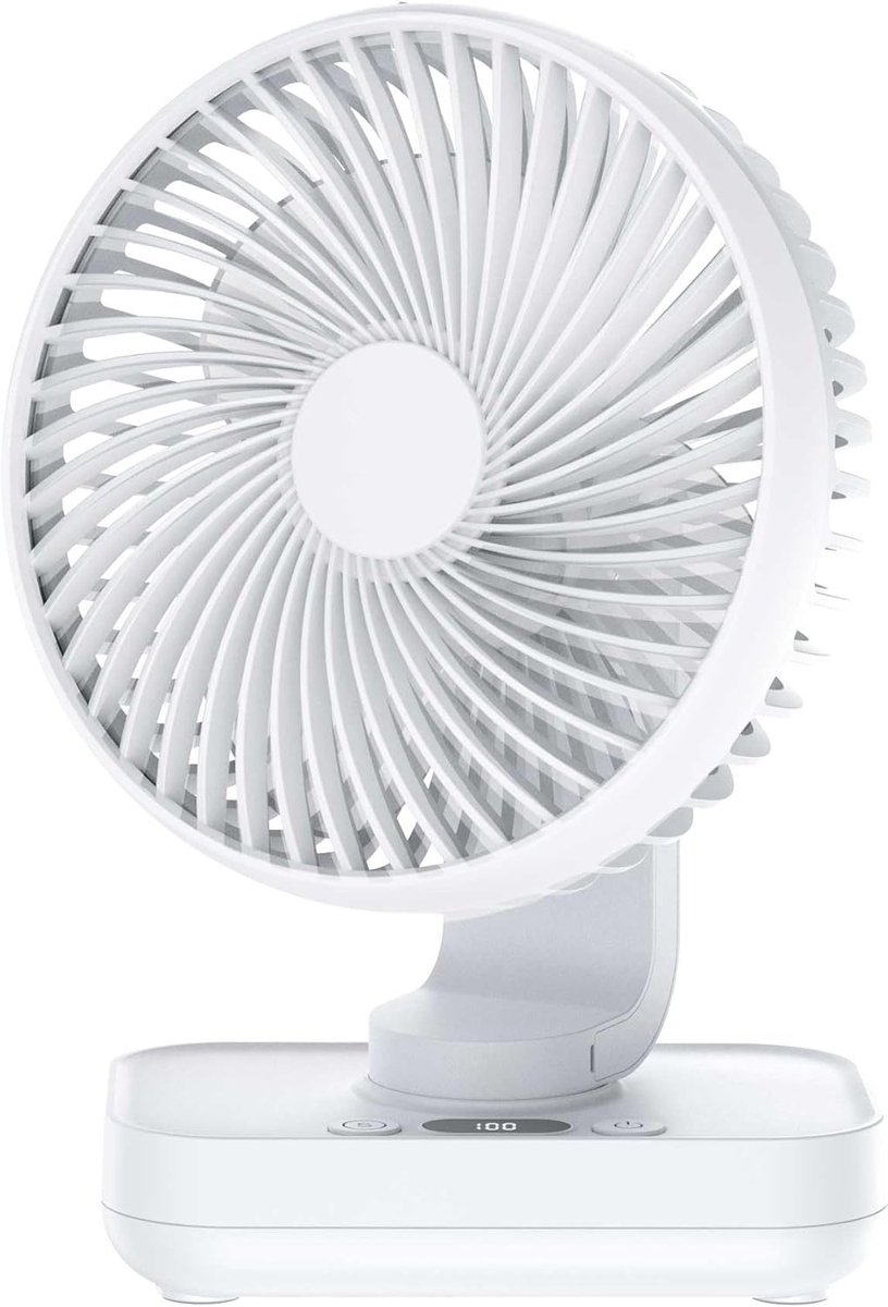 SnelShoppen - Desk Fan met Automatische Oscillatie, 90° Verstelbare Hoofden, 4000mAh Oplaadbare Ventilator, Perfect voor Thuis, Kantoor, Camping en Me