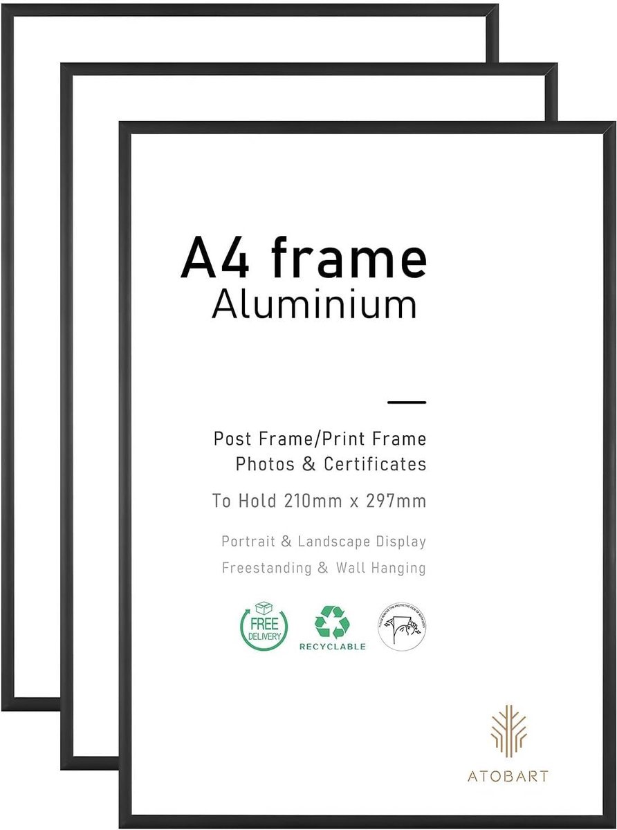 SnelShoppen - A4 Fotolijst 3-Pack - 21x30 cm Zwart Aluminium Fotolijst - Certificaatlijst voor Wandmontage of Tafelpresentatie - Ideaal voor Thuis, Ka