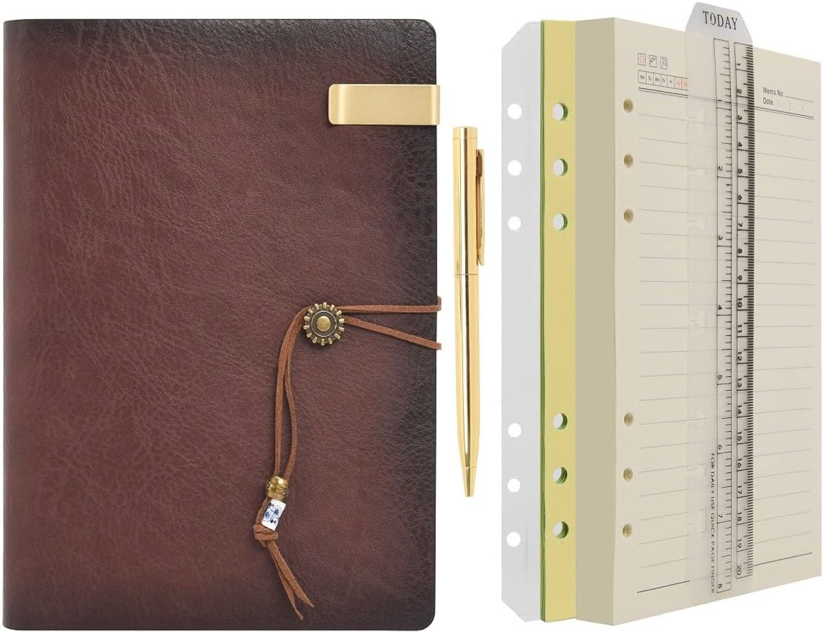 SnelShoppen - A5 Leather Journal Notitieboek met Lijntjes en Pen - Navulbaar 6 Ring Binder Schrijfnotitieboek voor Kantoor, Reizen, Werk en Plannen (A