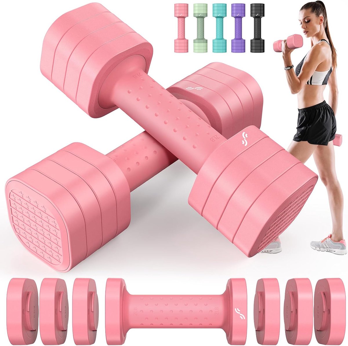 SnelShoppen - Dumbbells Set voor Vrouwen, Verstelbare Dumbbells 4-in-1 (0.9 - 2.3 kg per Dumbbell), Lichtgewicht met Antislip TPU Handvat, Thuis Gym F