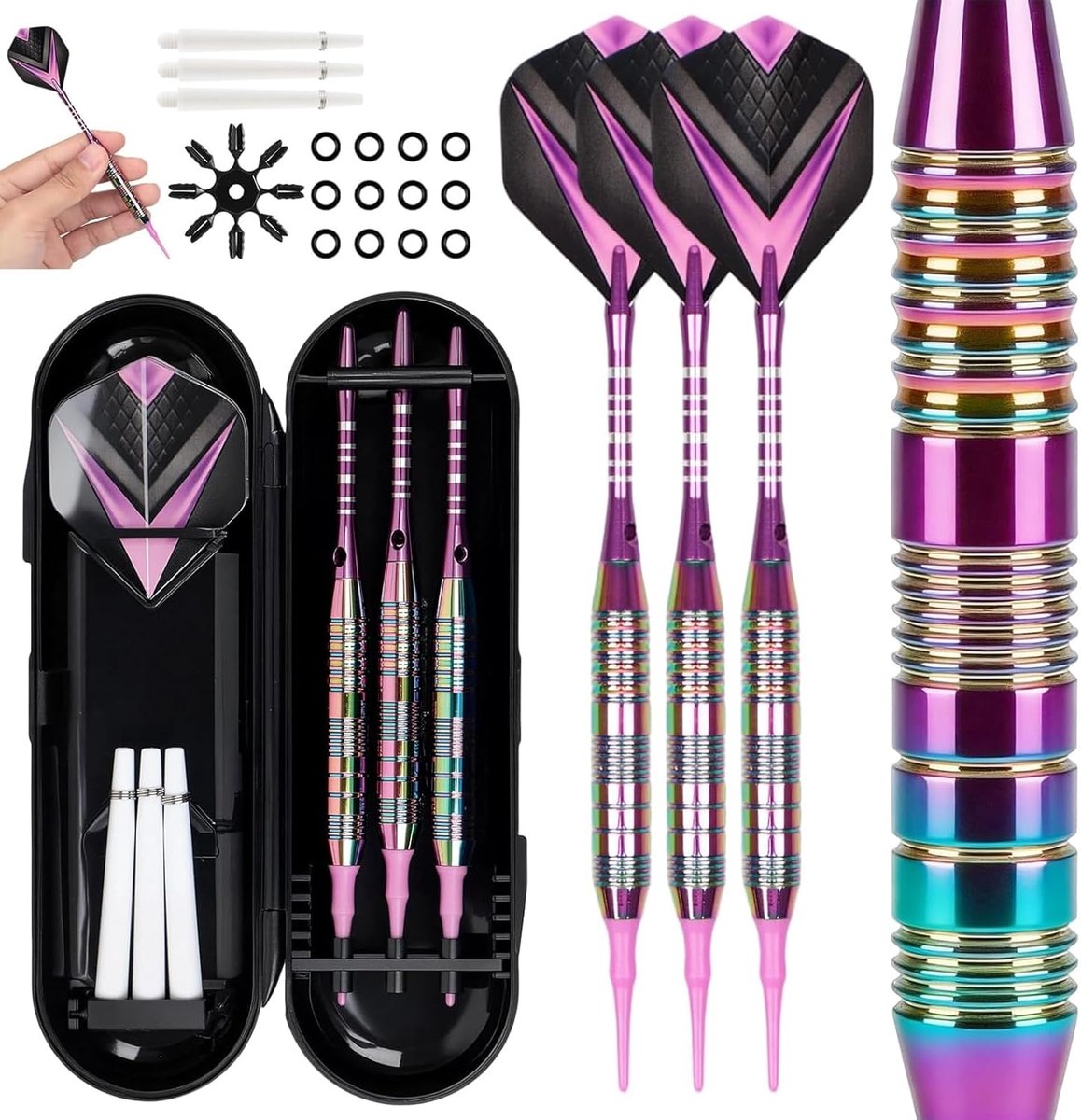 SnelShoppen - Set van 3 Professionele Darts met Plastic Tips, 21 g Zachte Darts voor Elektronisch Dartbord, Inclusief Vervangende Onderdelen en Opberg