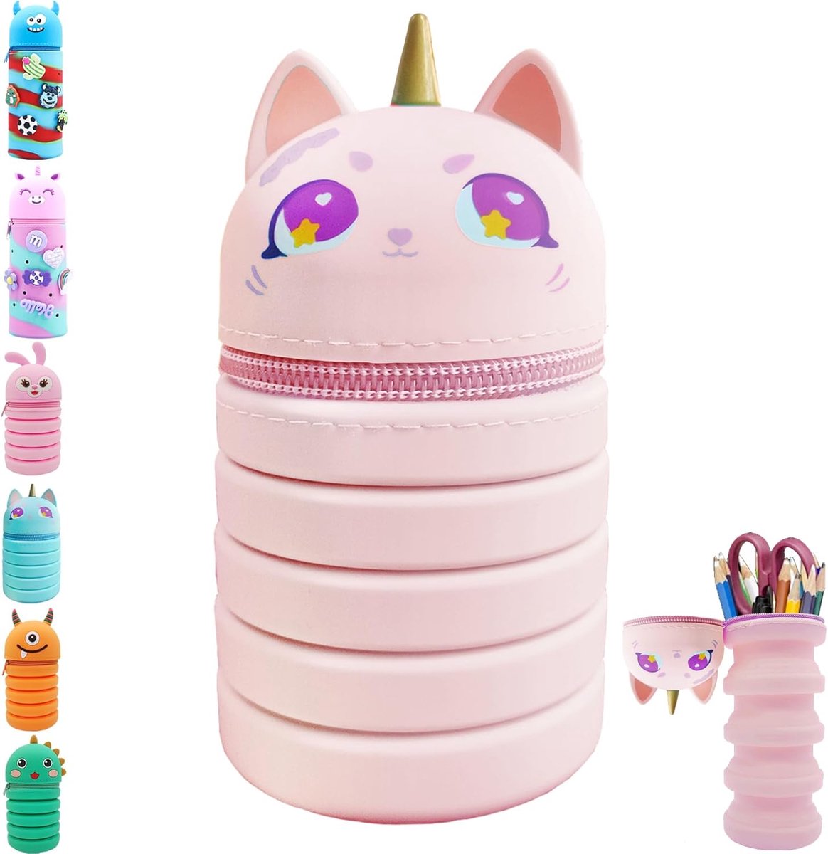 SnelShoppen - Kawaii Pencil Case Small 2-in-1 voor Kinderen - Telescopische Pencil Case uit Waterdicht Silicone - Roze Unicorn Penhouder voor Jongens