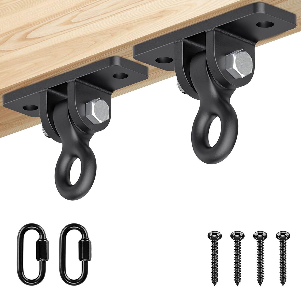 SnelShoppen - 2 Swing Ceiling Hooks, Hangstoel Bevestiging, Hammock Mount, 180° Draaibaar, Tot 408 kg, Inclusief Carabiner, Voor Houten Balken, Ideaal