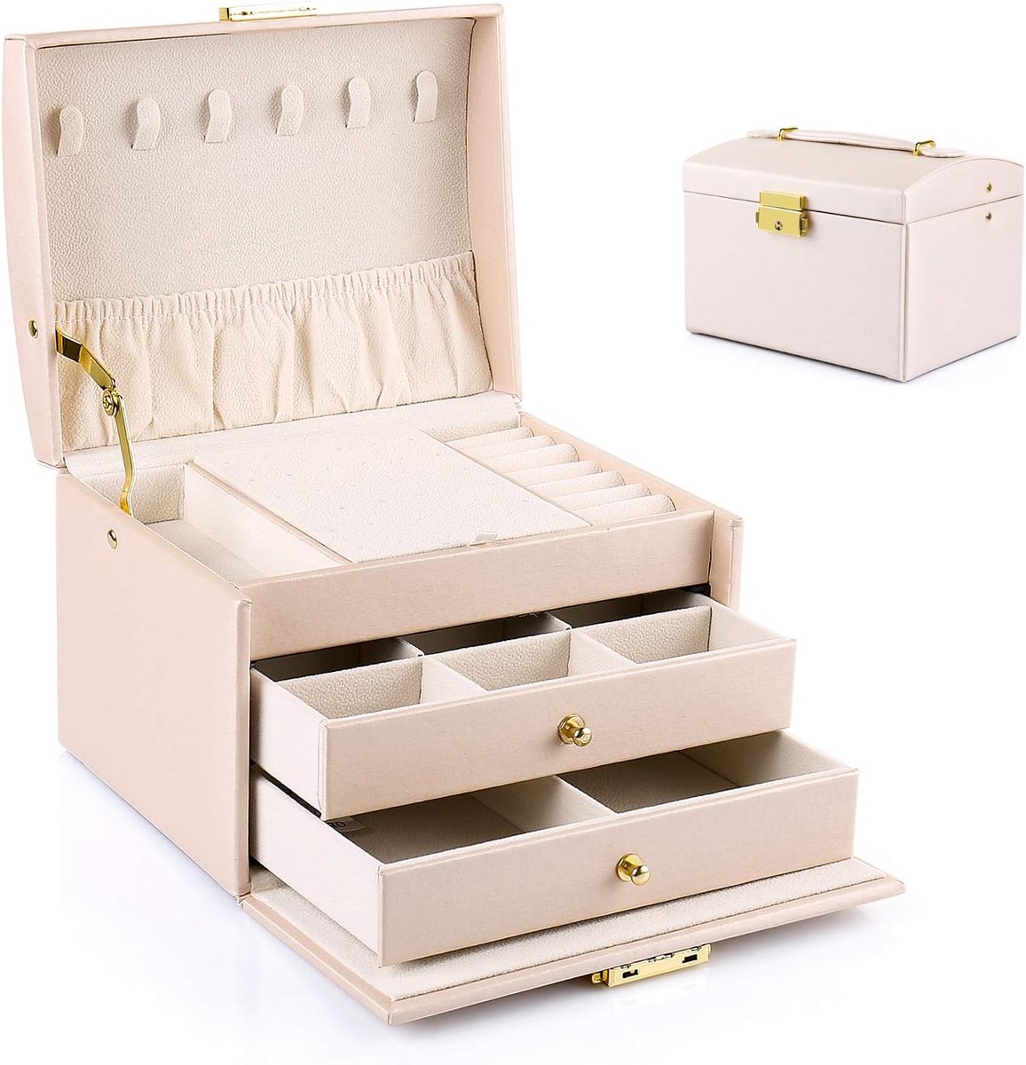 SnelShoppen - Luxe 3-laags Sieradenkoffer met 2 Lades - PU Leer - Opslag voor Ringen, Oorbellen, Kettingen en Horloges - Met Slot en Sleutel - Perfect