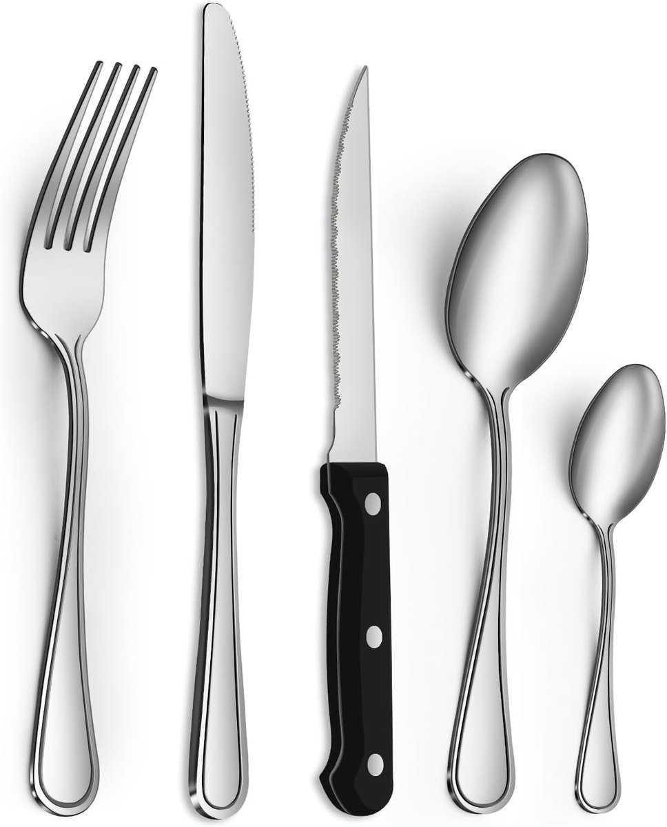 SnelShoppen - 30-delig RVS Bestekset voor 6 Personen, Steakmessen, Tafelmessen, Vorken, Lepels, Vaatwasserbestendig, Perfect voor Feesten en Dagelijks