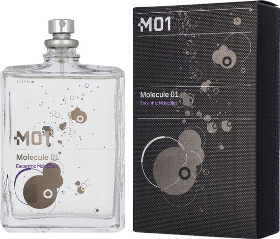Fles en doos van Molecule 01 Eau de Toilette van Escentric Molecules. De doos heeft een zwart met grijs patroon van cirkels en bubbels.